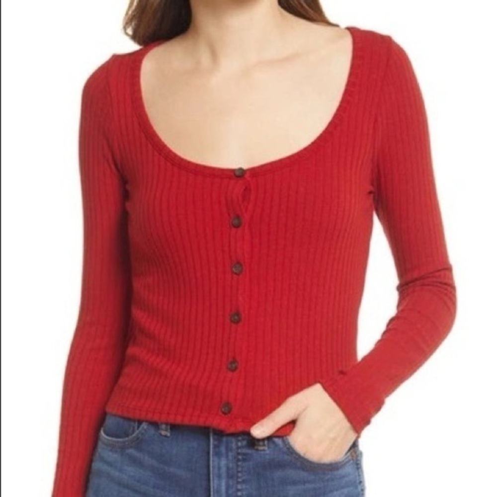 Madewell Ribbed Cardigan Crop Tee in Scarlett Red EUC